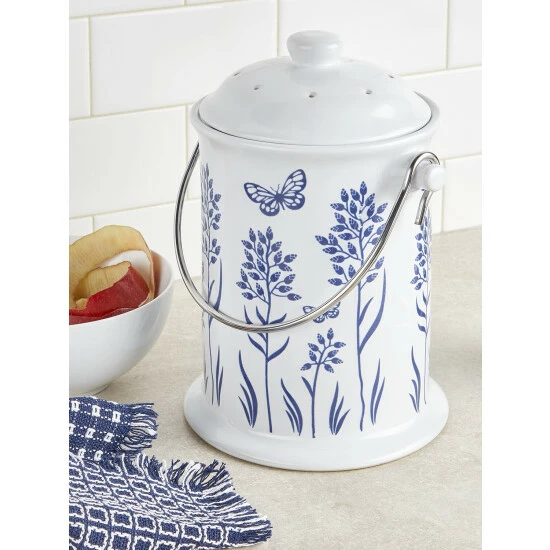 Budget π Vermont Country Store Ceramic Compost Keeper Blue Floral π 3 Budget π Vermont Country Store Ceramic Compost Keeper Blue Floral π - Image 2